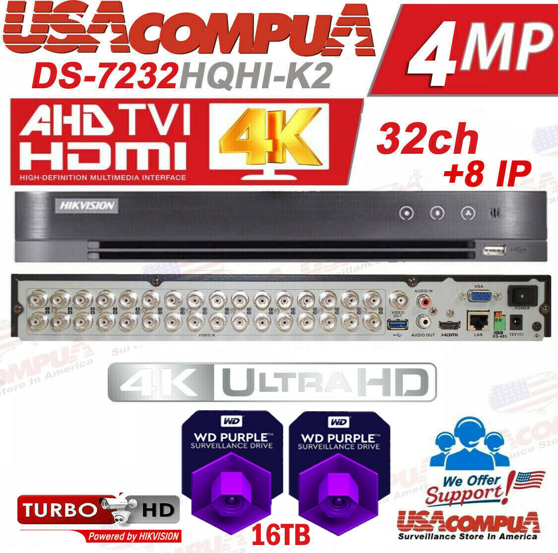 Thumbnail 7 for Hikvision 32 CH DVR DS-7232HQHI-K2 4MP Series TurboHD Tribrid (OPTIONAL HDD)