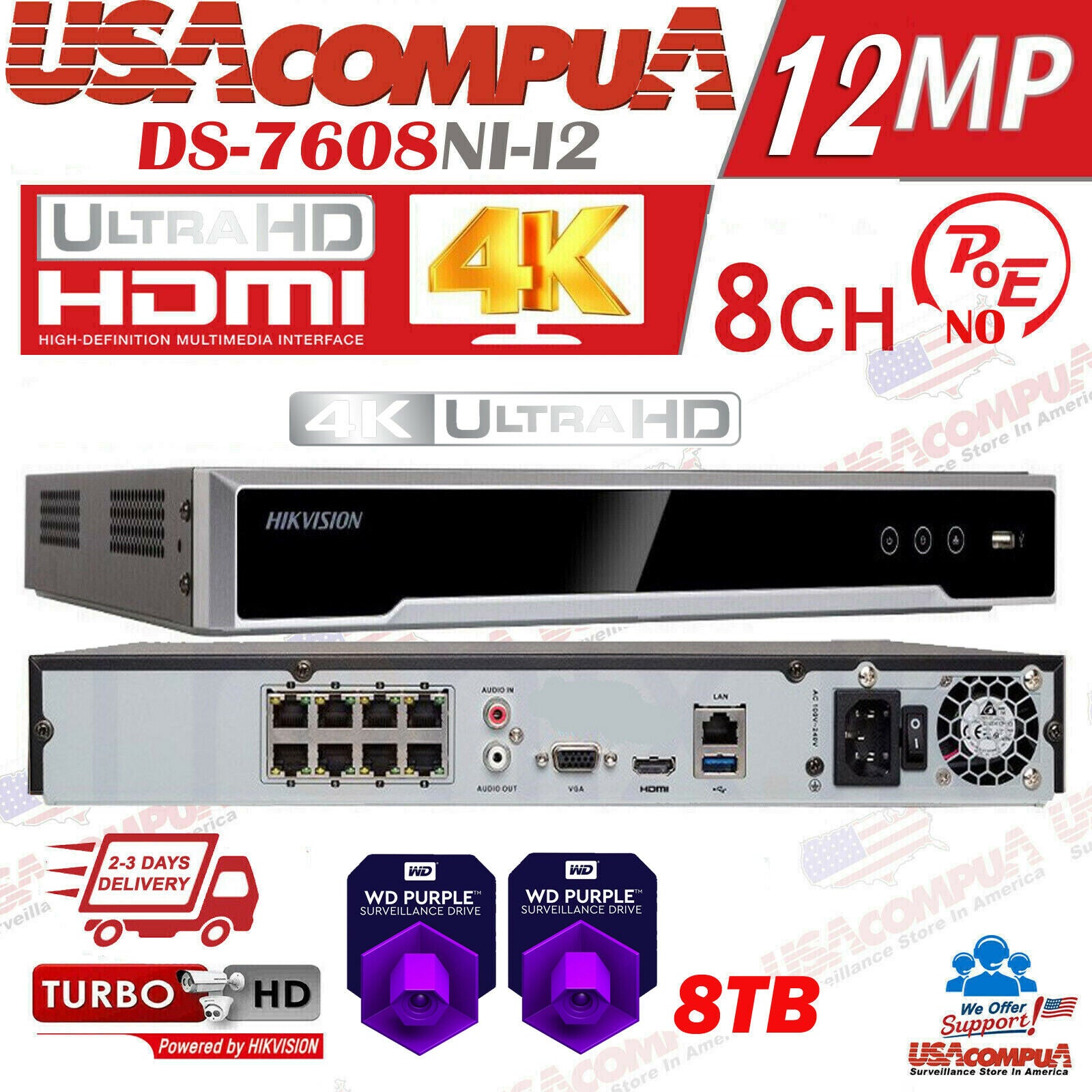 Thumbnail 2 for DS-7608NI-I2/8P Hikvision 8CH 12MP NVR 8 Channel POE Hard Drive Purple Optional