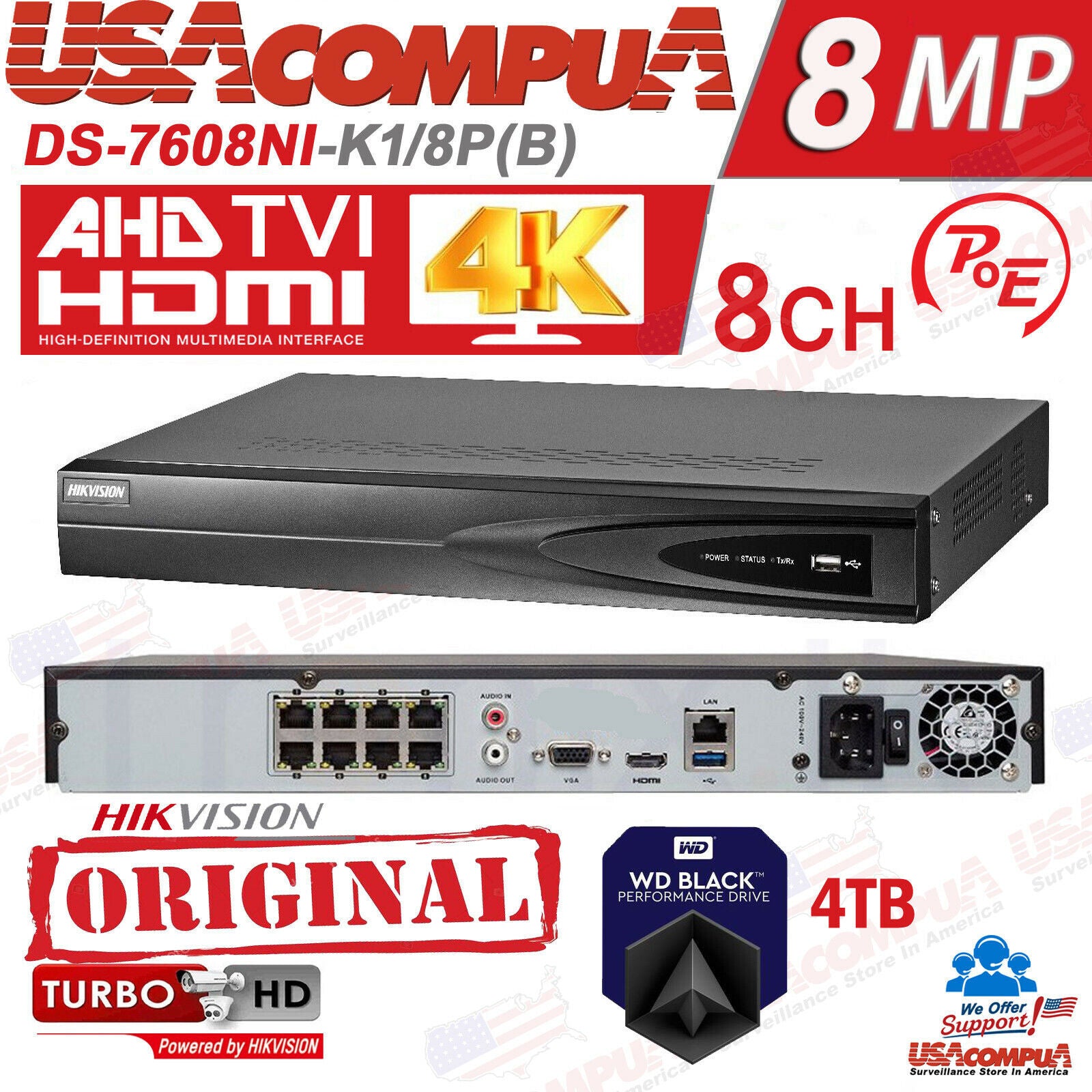 Thumbnail 2 for DS-7608NI-K1/8P Hikvision 8CH NVR PoE 8MP 4K H.265+ (optionhal Hard Disk)