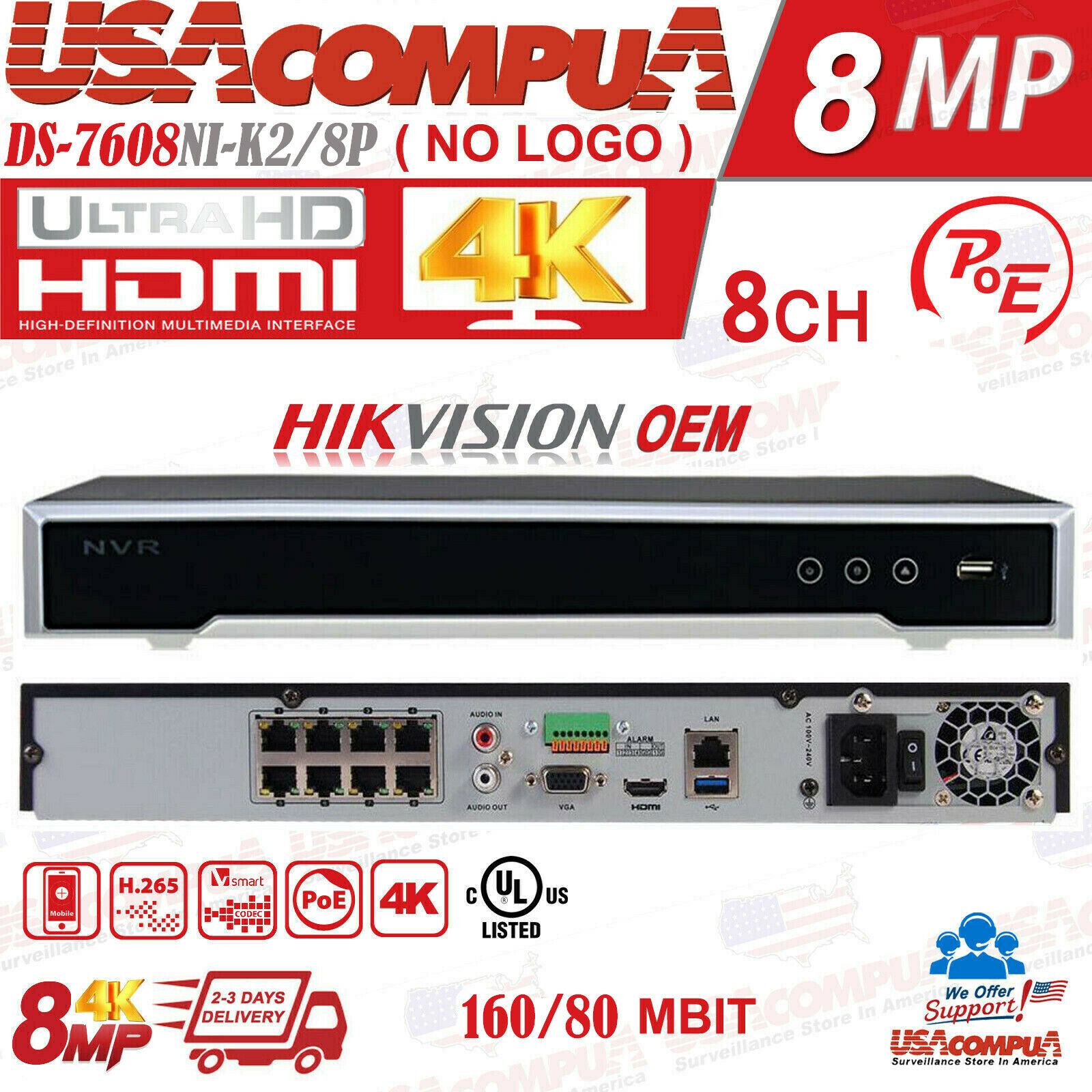 Thumbnail 3 for DS-7608NI-K2/8P OEM HIKVISION NVR 8CH 8 POE 4K Channel security H.265 (UL)