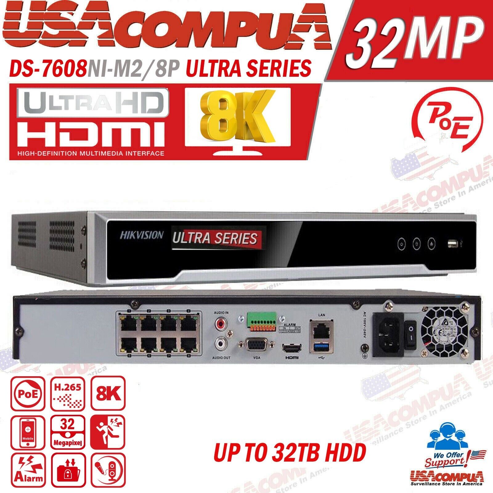 Thumbnail 2 for Hikvision DS-7608NI-M2/8P 8CH 8K PoE NVR 32MP H.265+ Network Recorder 2SATA
