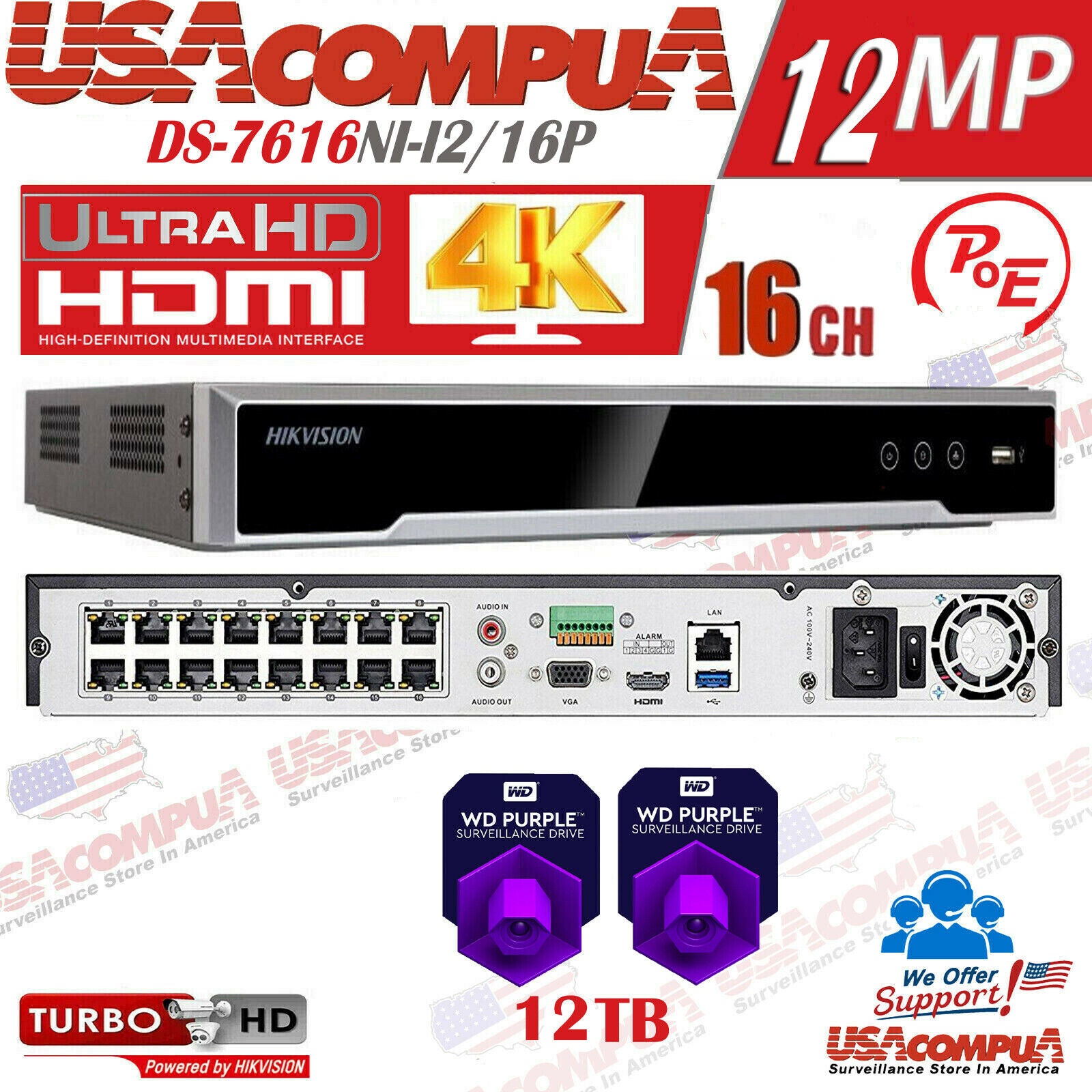 Thumbnail 2 for Hikvision 16CH NVR PoE 12MP 4k-uhd DS-7616NI-I2/16P H265+ English Version