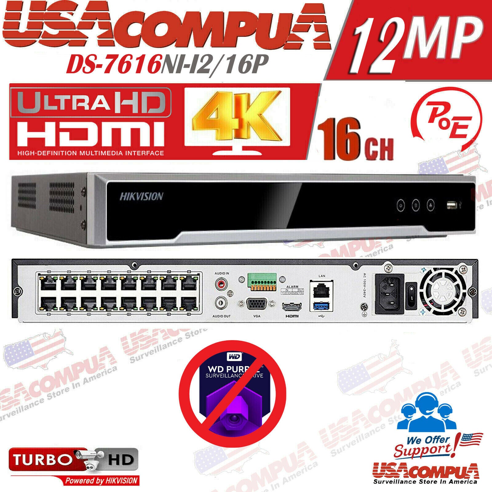 Thumbnail 7 for Hikvision 16CH NVR PoE 12MP 4k-uhd DS-7616NI-I2/16P H265+ English Version