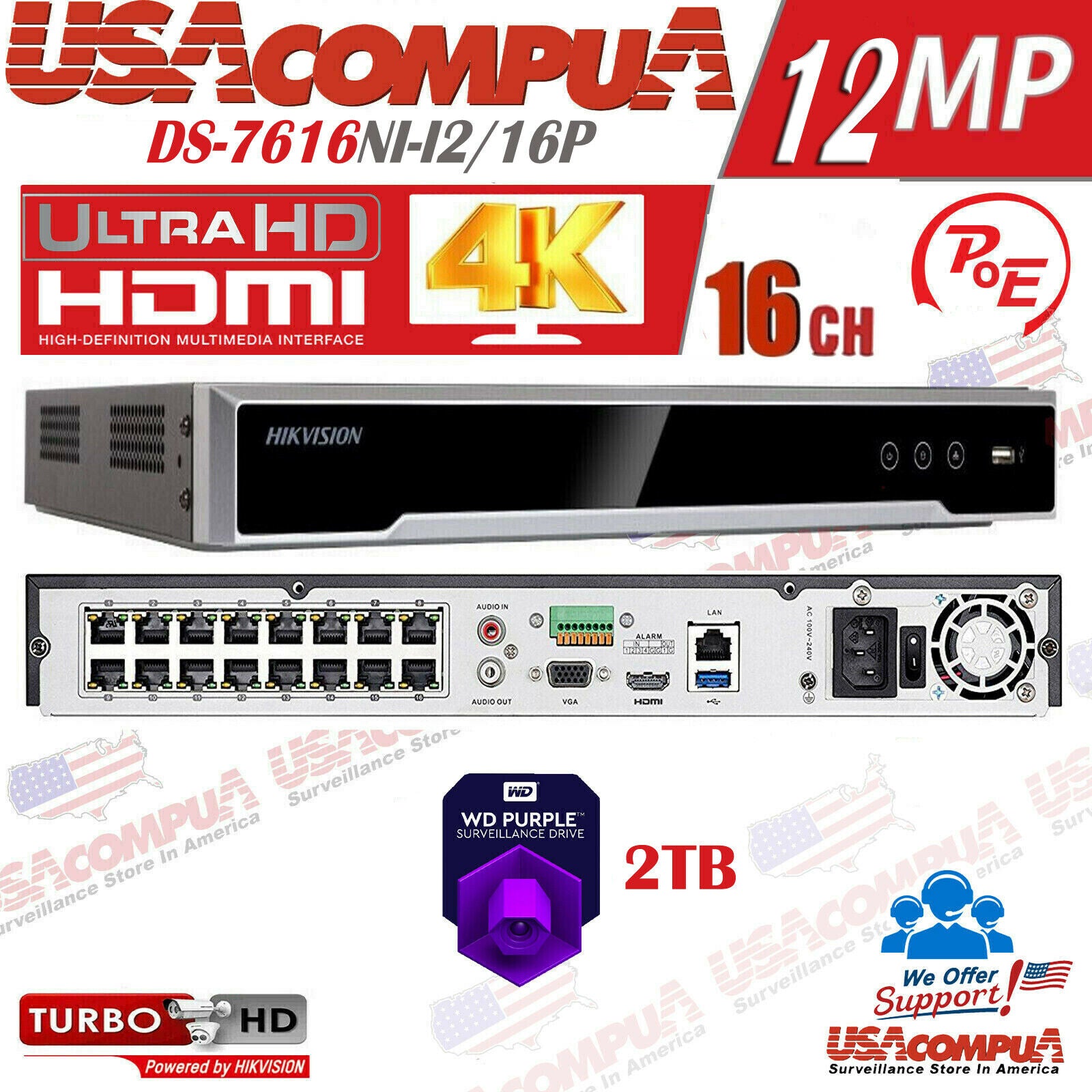 Thumbnail 9 for Hikvision 16CH NVR PoE 12MP 4k-uhd DS-7616NI-I2/16P H265+ English Version