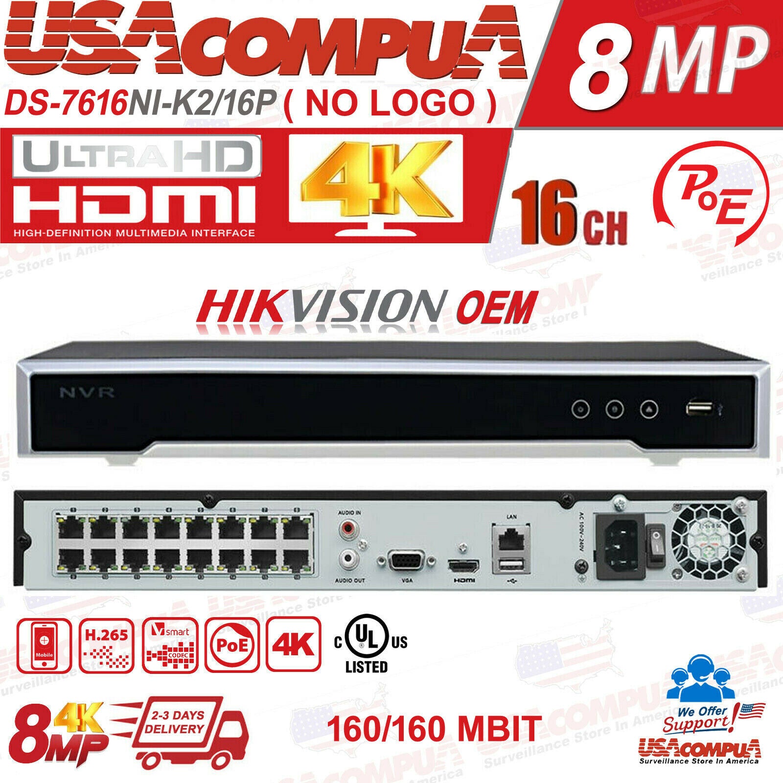 Thumbnail 2 for HIKVISION OEM NVR 16CH 16 POE 4K Channel security H.265 DS-7616NI-K2/16P (UL)