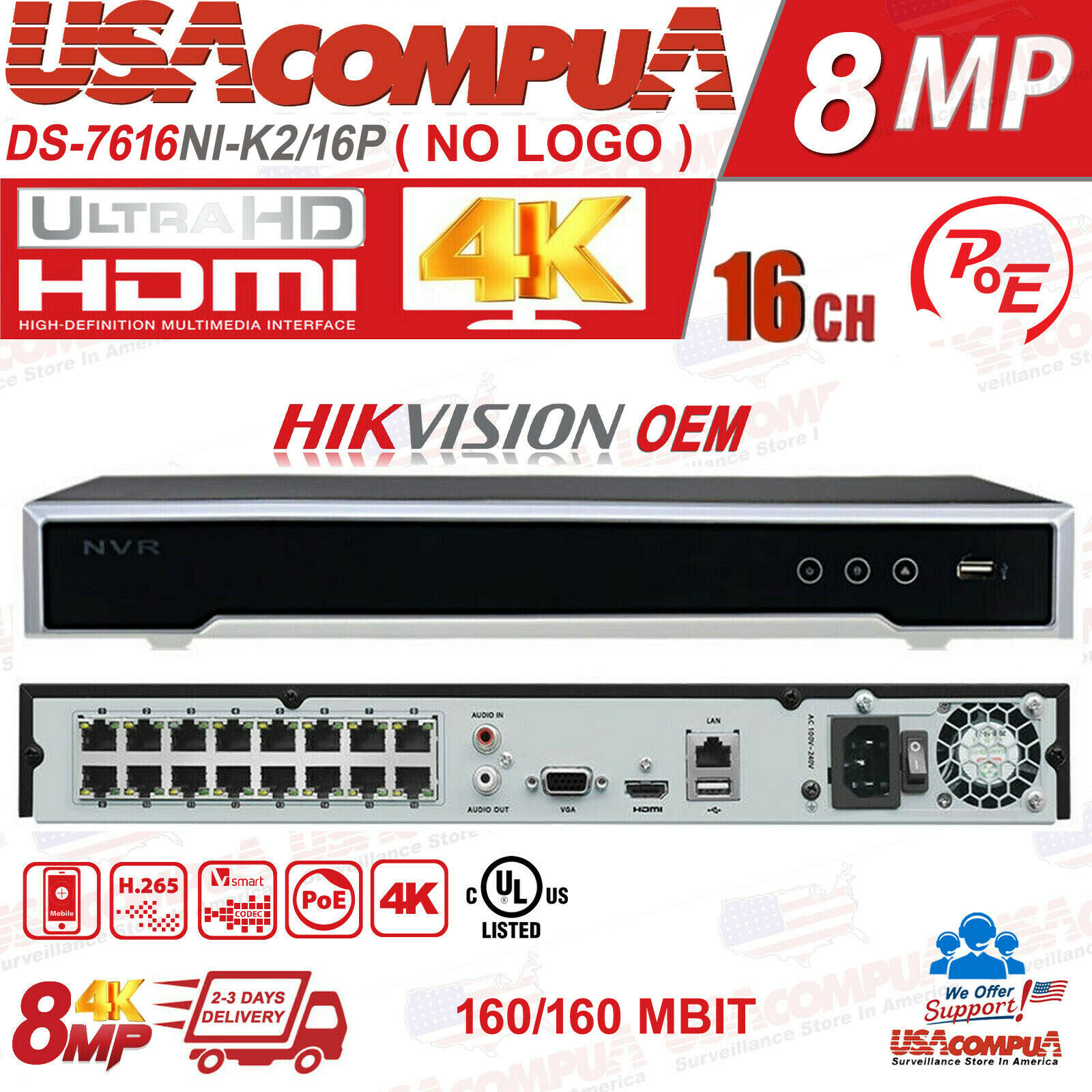 Thumbnail 3 for HIKVISION OEM NVR 16CH 16 POE 4K Channel security H.265 DS-7616NI-K2/16P (UL)