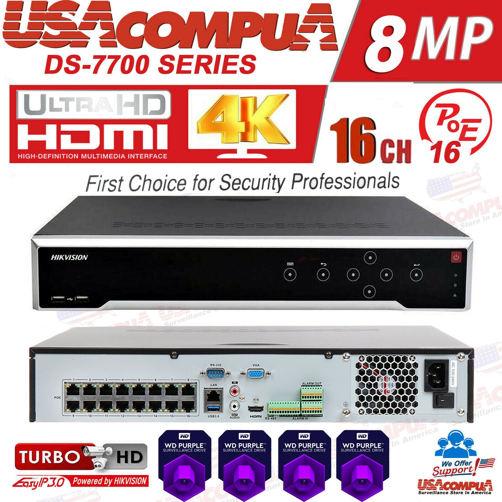 Thumbnail 2 for Hikvision NVR 16 Channel 16CH PoE 4K DS-7716NI-Q4/16P 8MP H265+ Network Recorder