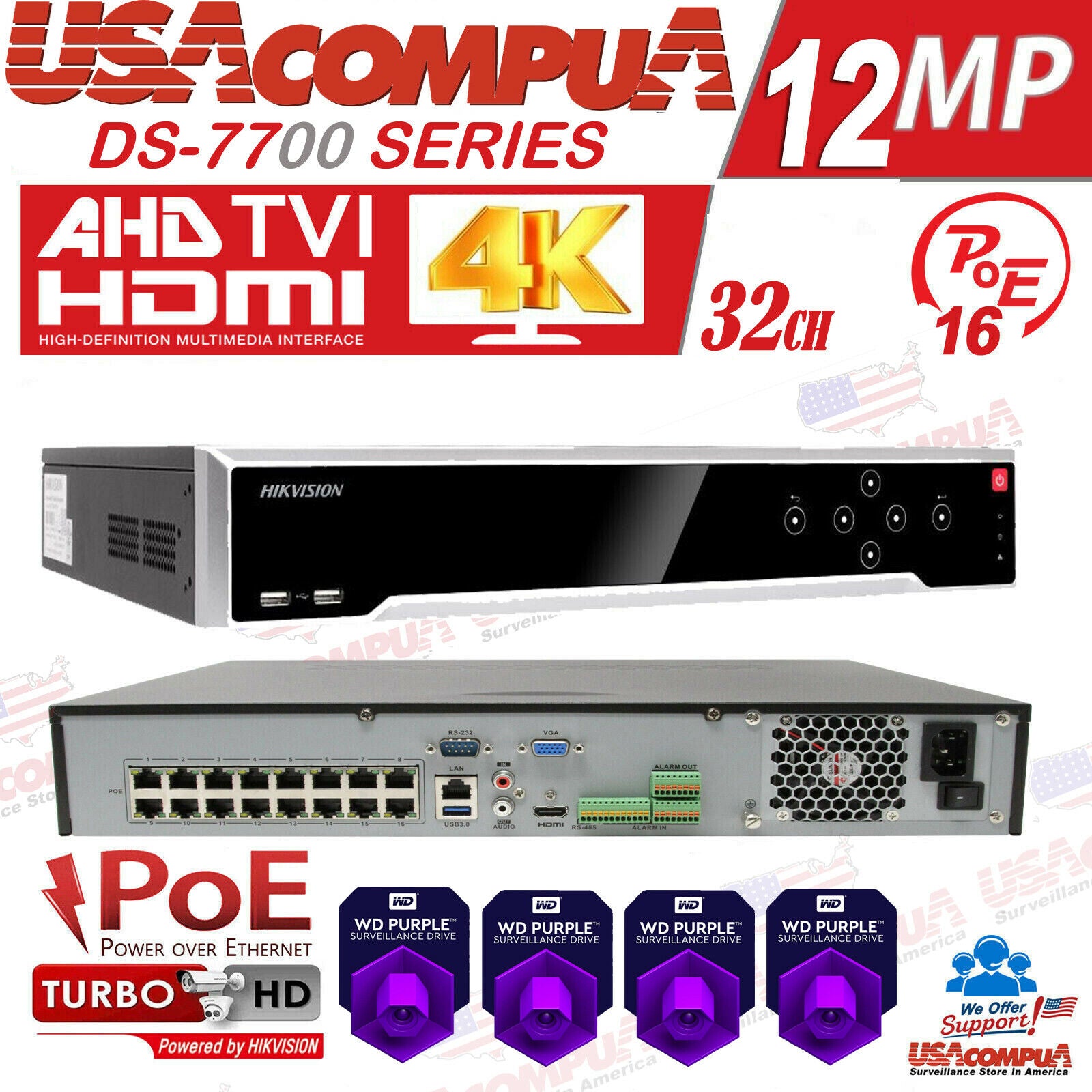 Thumbnail 2 for Hikvision NVR 32 Ch Channel 4K 12MP W/16ch PoE DS-7732NI-I4/16P HDD Optional