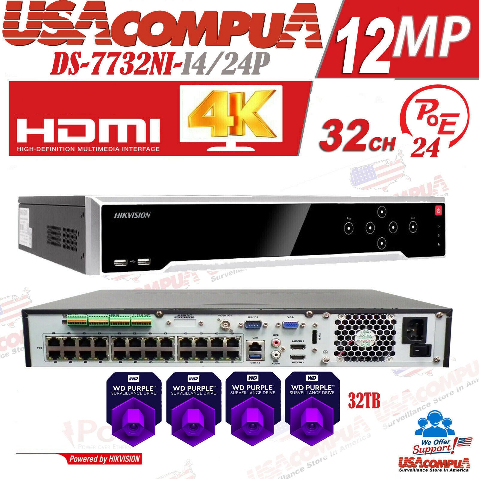 Thumbnail 2 for Hikvision NVR 32CH 24 PoE 12MP DS-7732NI-I4/24p 4SATA (up to 32TB HDD ) H.265+