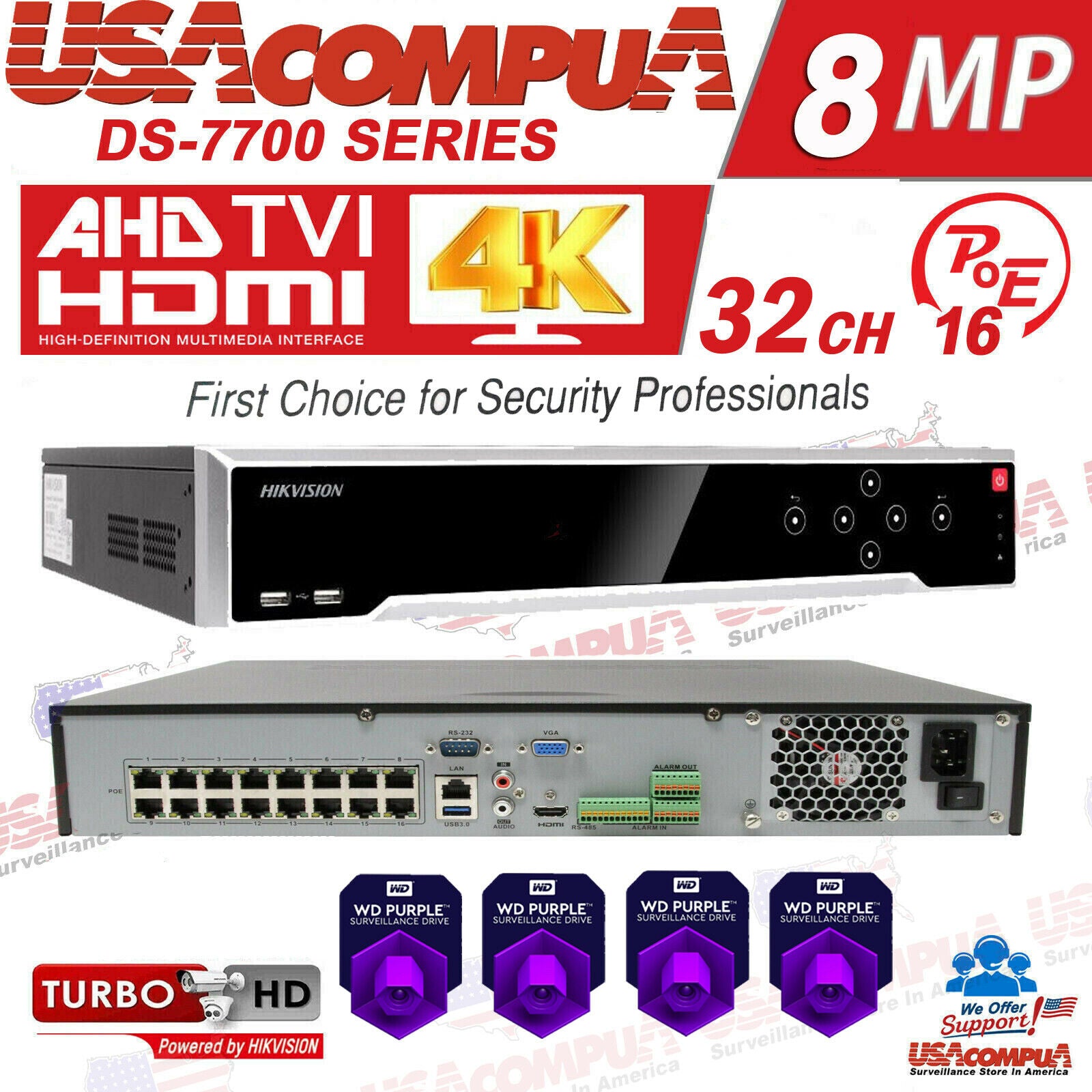 Thumbnail 2 for Hikvision DS-7732NI-K4/16p 4SATA (up to 32TB HDD ) H265+ 4K 32 Ch NVR 16 PoE 8M