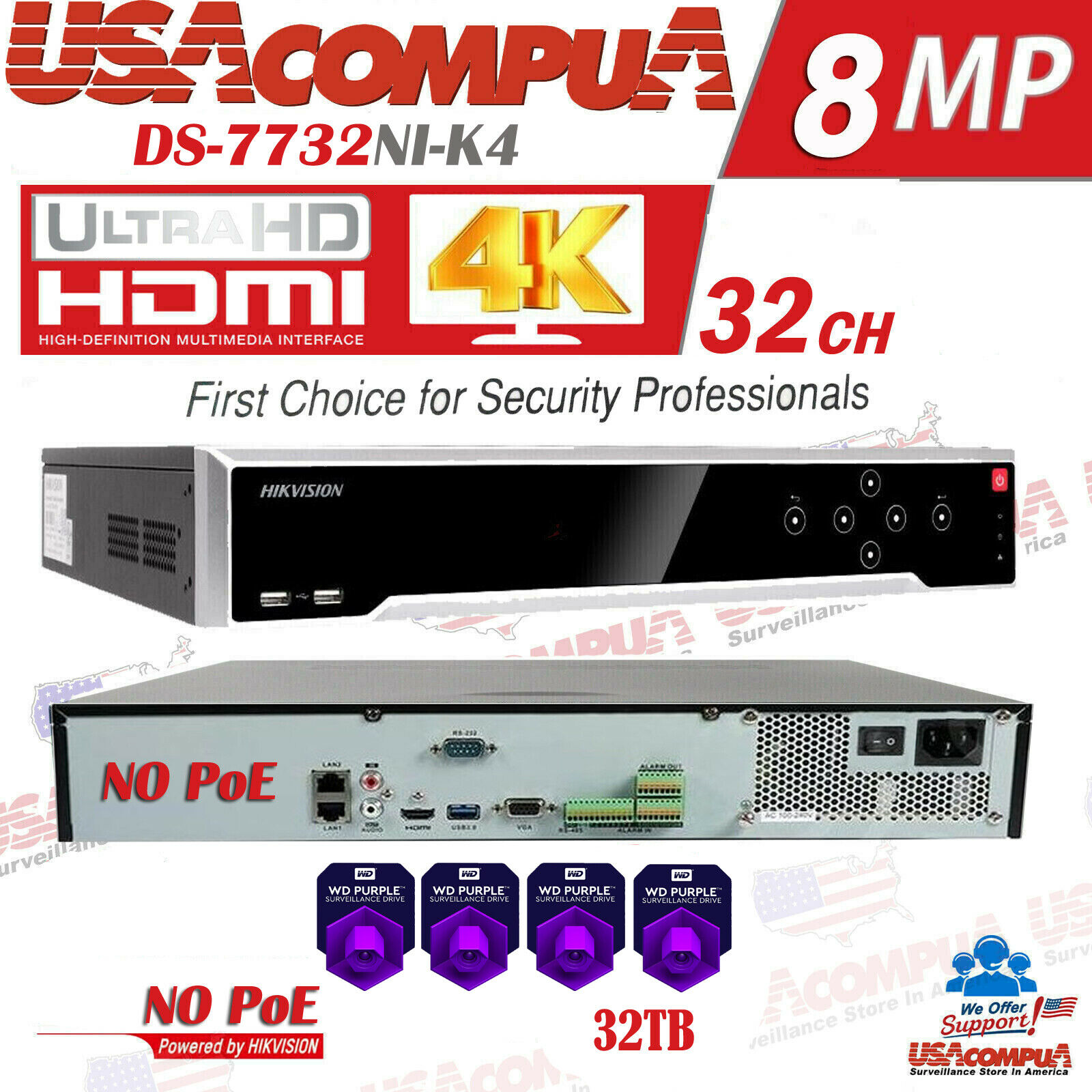 Thumbnail 2 for Hikvision 32 Channel 32CH 4K 8MP NVR (NO POE) DS-7732NI-K4 (Hard Drive Optional)