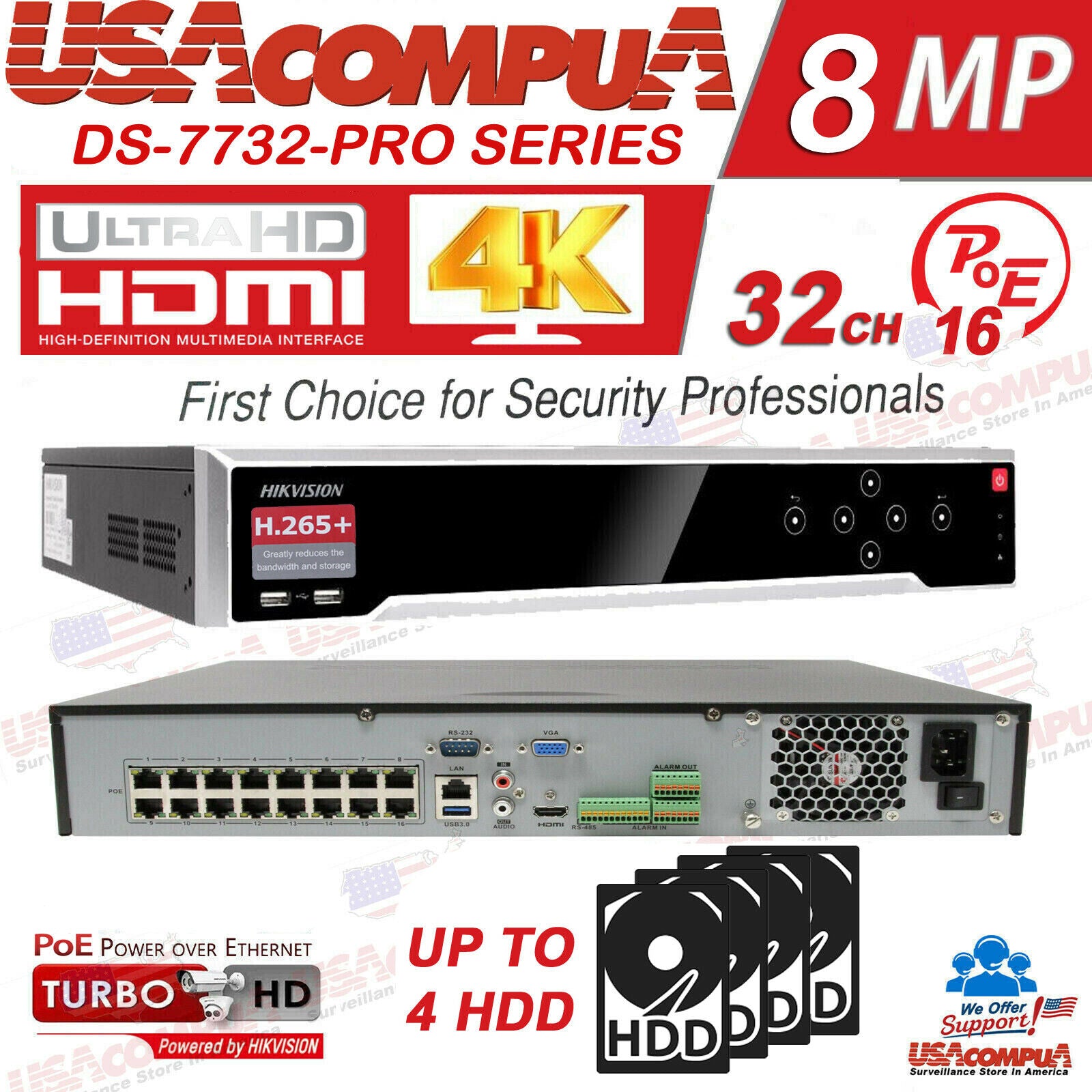 Thumbnail 3 for DS-7732NI-Q4/16P No Hard Drive H265 Hikvision 32 Channel 4K 8MP NVR w/ 16 CH POE