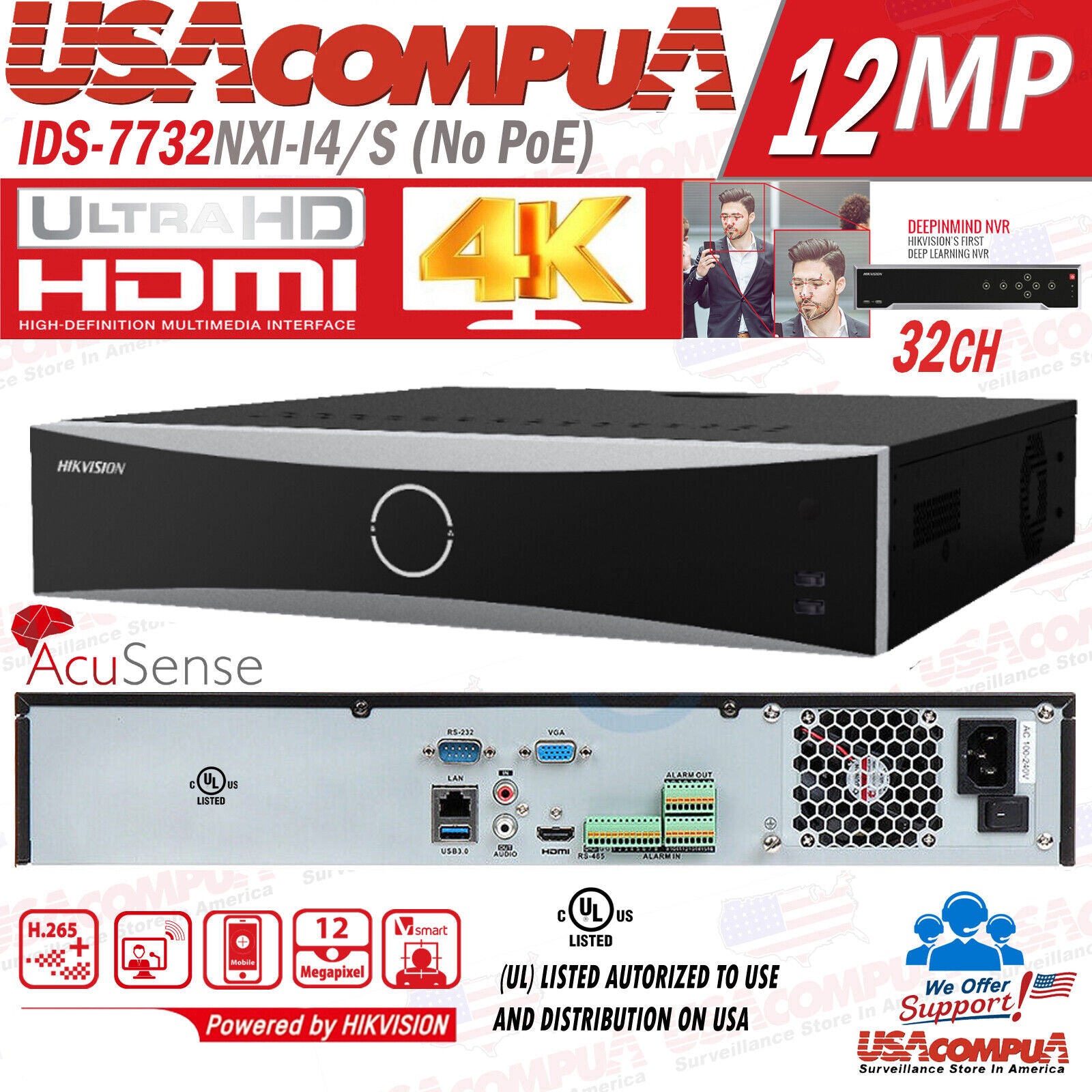Thumbnail 2 for Hikvision DS-7732NXI-I4/S 32CH no-PoE 4SATA AcuSense 4K NVR 4-ch Deep-Learning