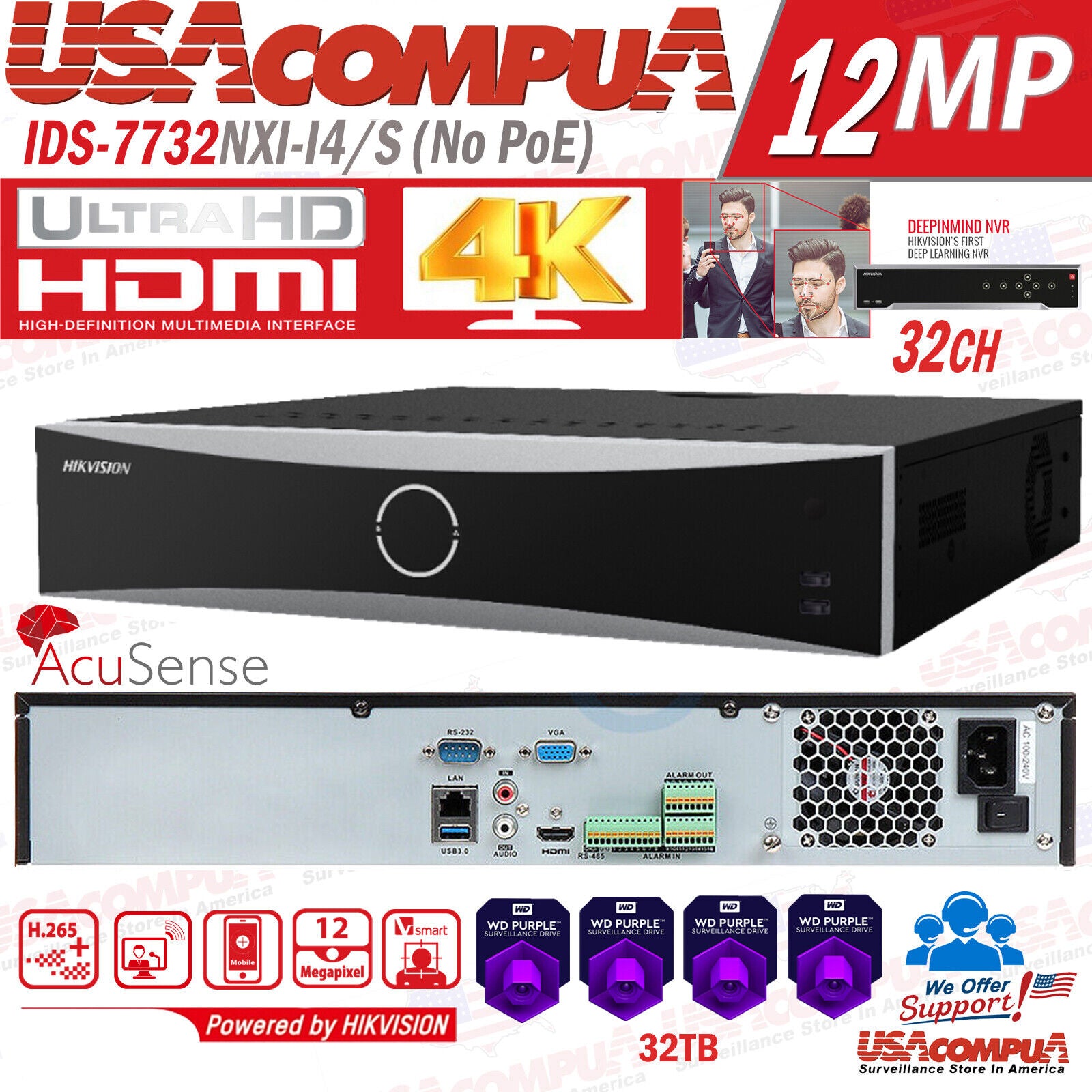 Thumbnail 3 for Hikvision DS-7732NXI-I4/S 32CH no-PoE 4SATA AcuSense 4K NVR 4-ch Deep-Learning