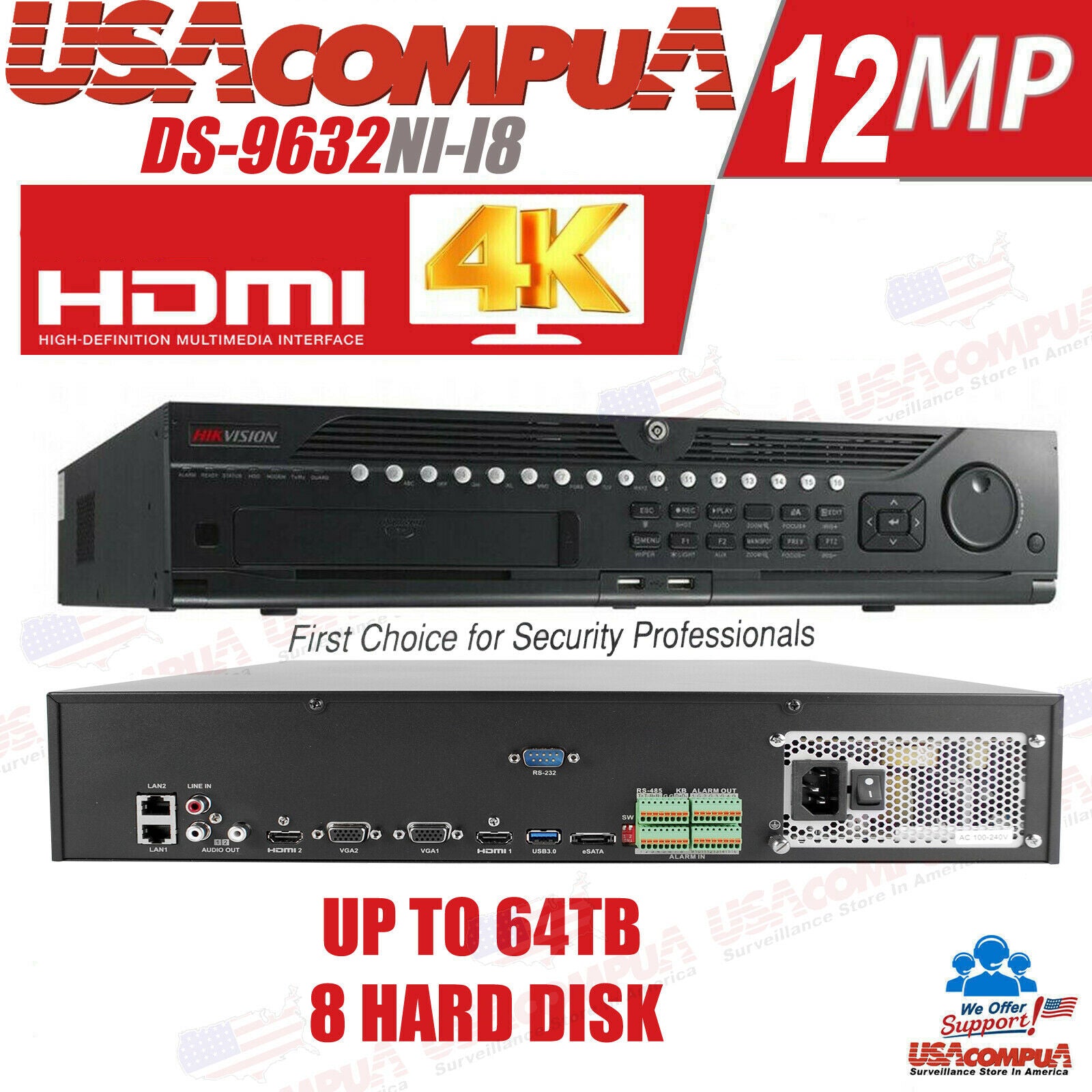 Thumbnail 3 for Hikvision 32CH NVR DS-9632NI-I8 Up to 12MP Resolution 8 Sata Pro Line