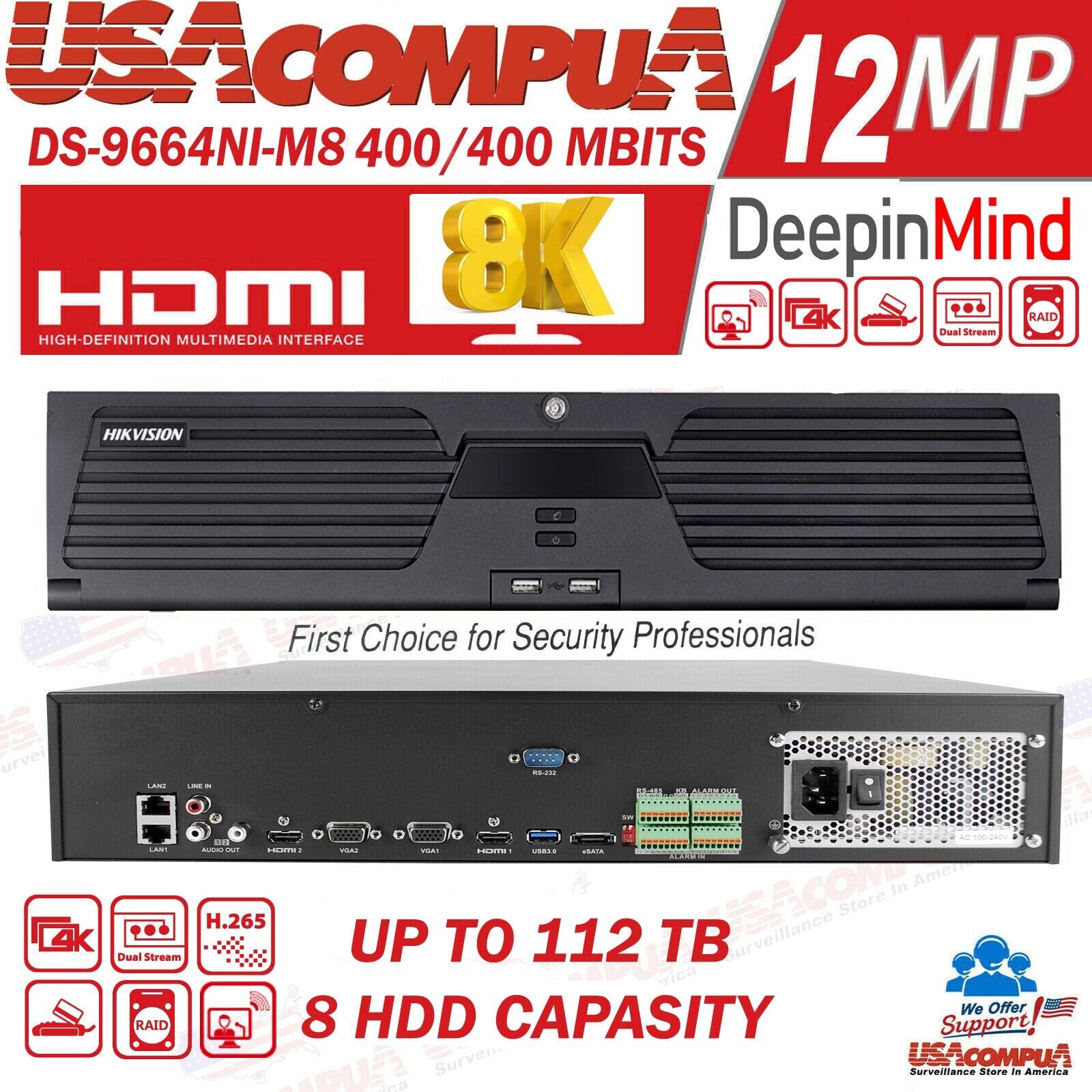 Thumbnail 2 for Hikvision DS-9664NI-M16 64CH 8K NVR 2 HDMI &amp; VGA up to 32MP NO HDD