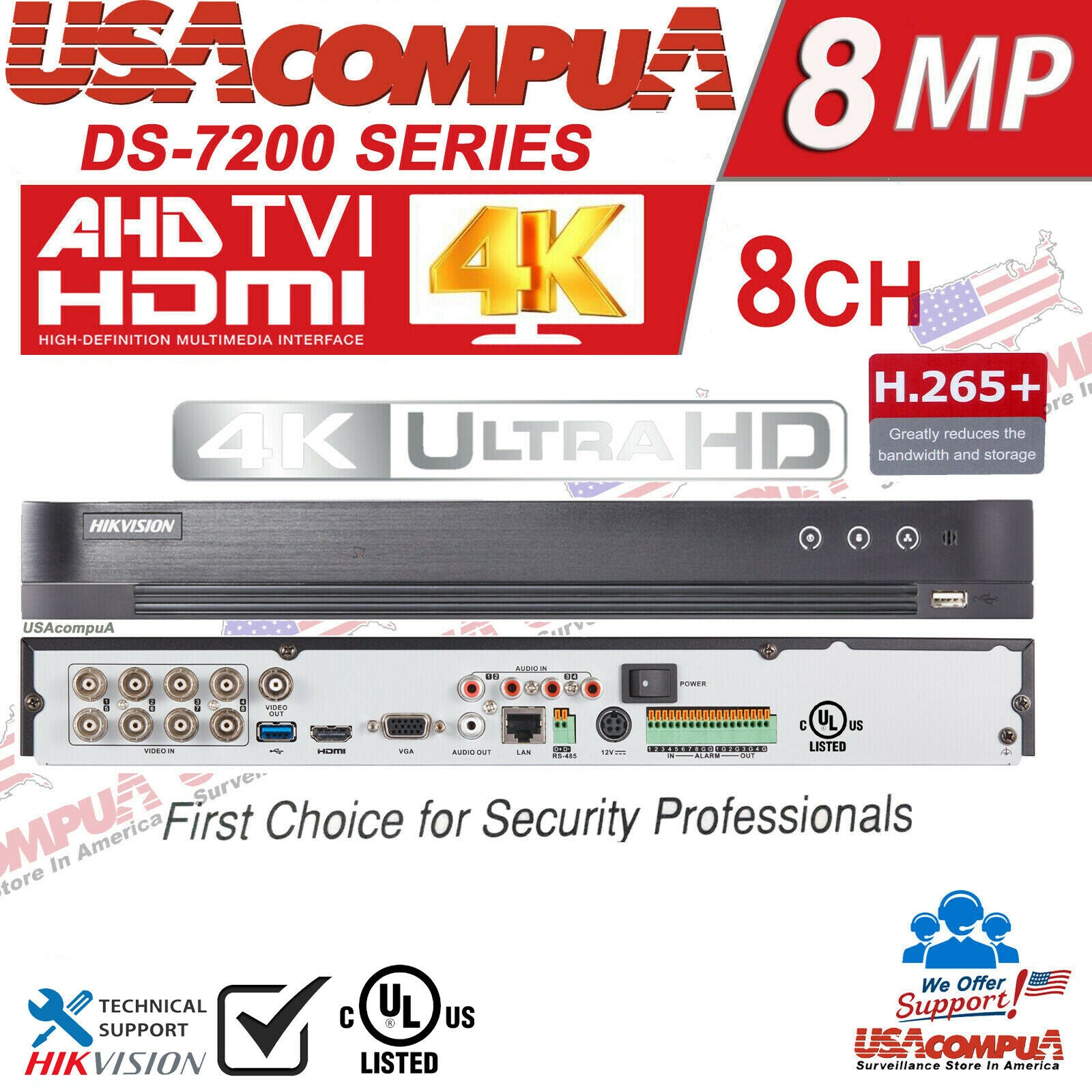 Thumbnail 3 for Hikvision IDS-7208HUHI-M2/P 8CH DVR 4K Dvr-xvr 8 Channel Usa Version (ul) Hybrid with Power Over Coaxial