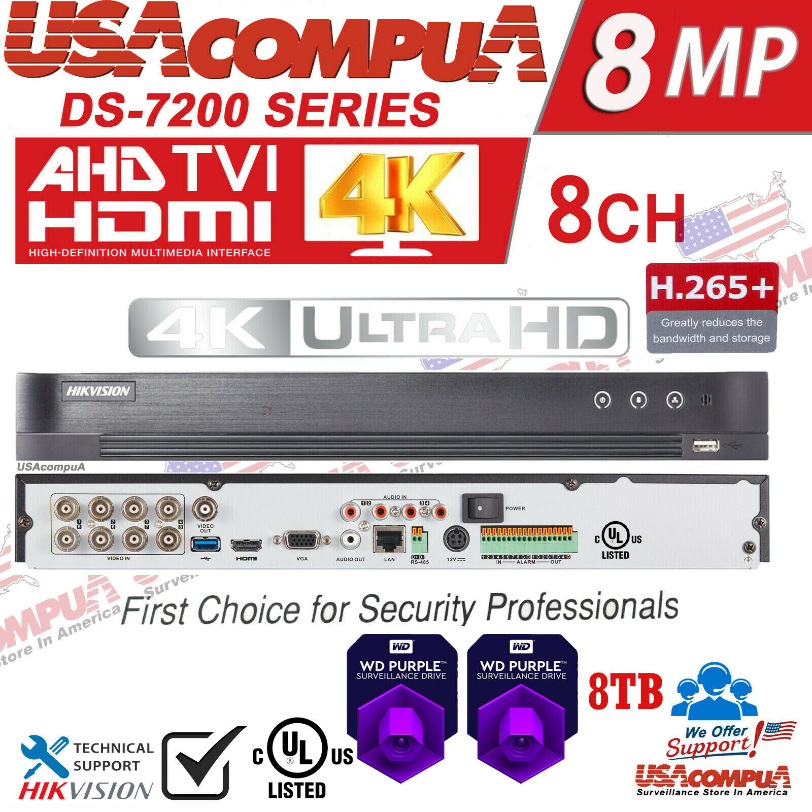 Thumbnail 7 for Hikvision IDS-7208HUHI-M2/P 8CH DVR 4K Dvr-xvr 8 Channel Usa Version (ul) Hybrid with Power Over Coaxial